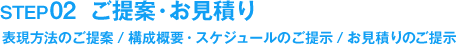 STEP02　ご提案・お見積り　表現方法のご提案 / 構成概要・スケジュールのご提示 / お見積りのご提示